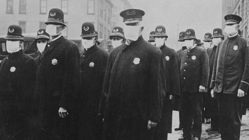 Seattle policemen wearing protective gauze face masks during influenza epidemic of 1918 which claimed millions of lives worldwide (Photo by Time Life Pictures/National Archives/The LIFE Picture Collection via Getty Images)